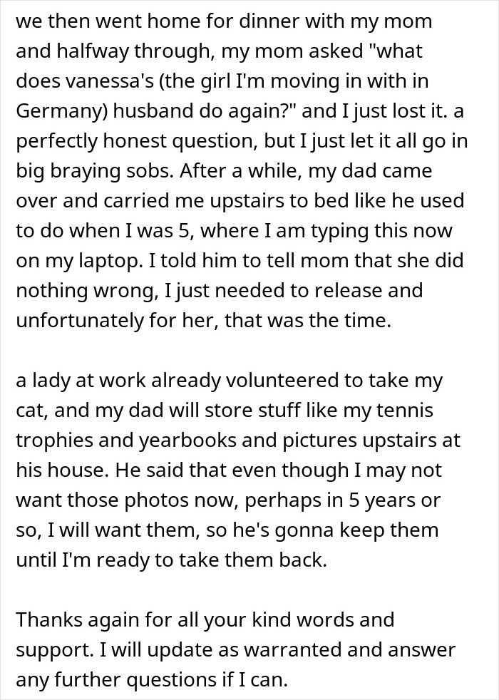 A woman finds comfort in her dad after a difficult conversation, highlighting the emotional support she receives during a challenging time.