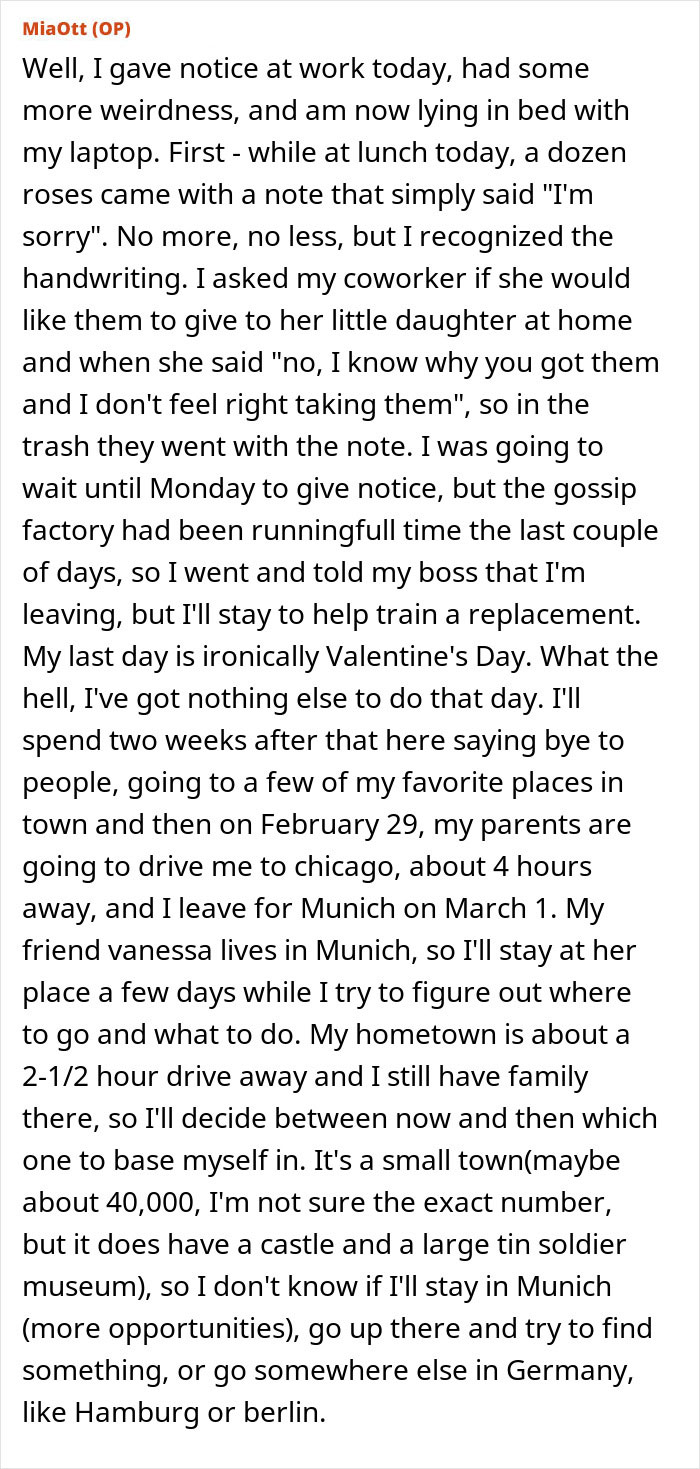A woman plans her move to Germany, marking a new chapter in her life after a difficult breakup.