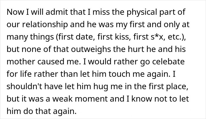 Text post reflecting on a relationship and a future mother-in-law's actions.