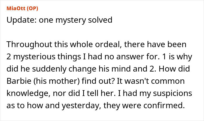 Text post updating on a future mother-in-law's attempts to stop a marriage.