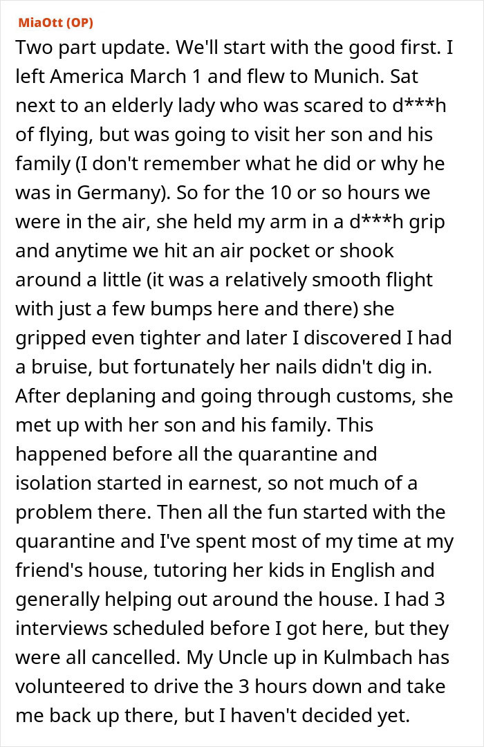 A user shares an update about traveling to Munich, Germany, before the quarantine began, mentioning a nervous elderly lady.