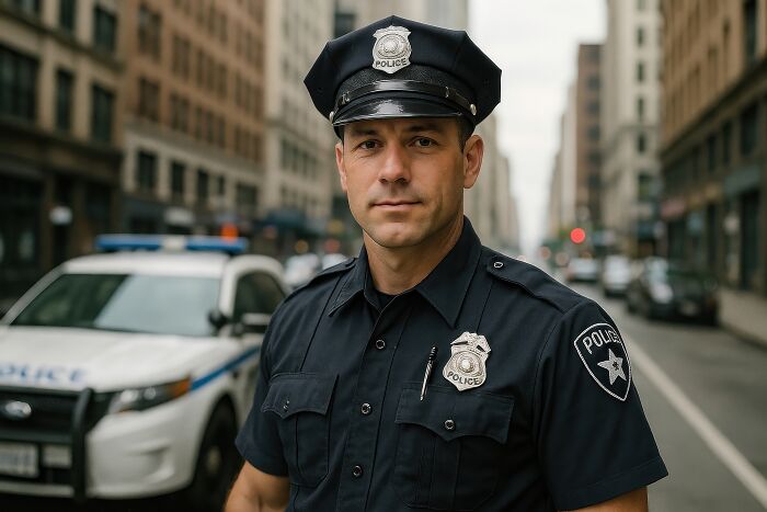 Police officer in uniform standing on a city street with a police car behind, illustrating jobs guys have.