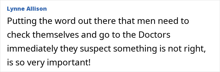 A social media comment by Lynne Allison emphasizing the importance of men checking their private parts for red flags. A social media comment by Lynne Allison emphasizing the importance of men checking their private parts for red flags.