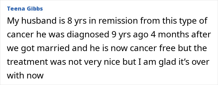 Teena Gibbs' comment about her husband being 8 years in remission from cancer related to private parts. Teena Gibbs' comment about her husband being 8 years in remission from cancer related to private parts.
