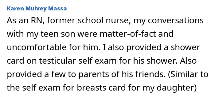 A comment by Karen Mulvey Massa detailing efforts to educate her son about 'normal private parts' and 'red flags' through self-exams. A comment by Karen Mulvey Massa detailing efforts to educate her son about 'normal private parts' and 'red flags' through self-exams.