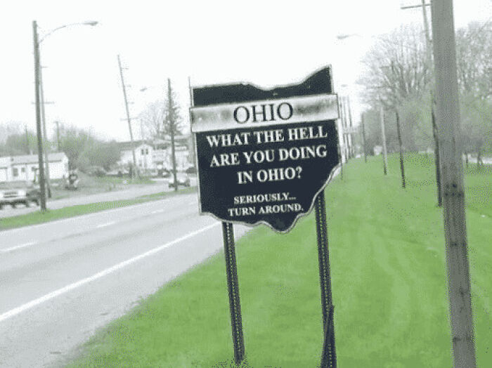 A unique Ohio sign on the side of a road, part of fascinating photos of the USA.