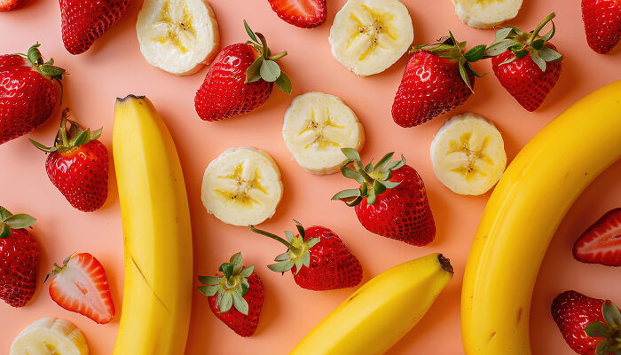 Overhead view of fresh strawberries and banana slices, an interesting fact about fruit.