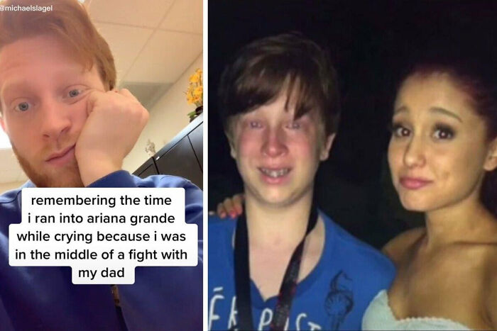 A split image of a person crying and then a photo with celebrity Ariana Grande. The image showcases moments people asked celebrities for a photo.