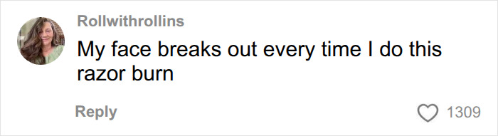 A comment on woman shaving her face discusses face breakouts and razor burn, part of a viral video debate.