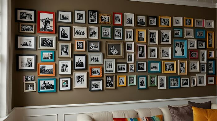 A gallery wall filled with many framed photos, representing stories about guests and house etiquette.