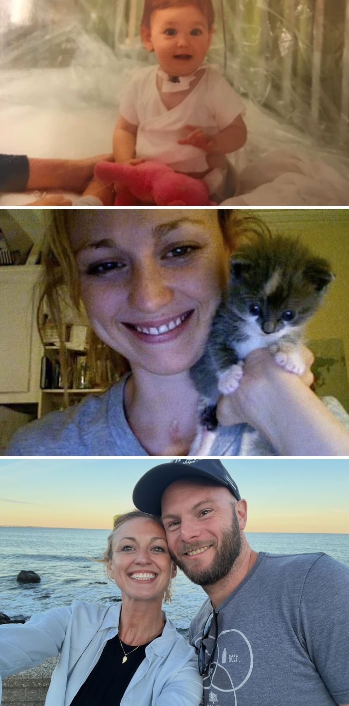 A triptych showing a baby, a woman with a kitten, and a couple by the sea, illustrating rare life moments.
