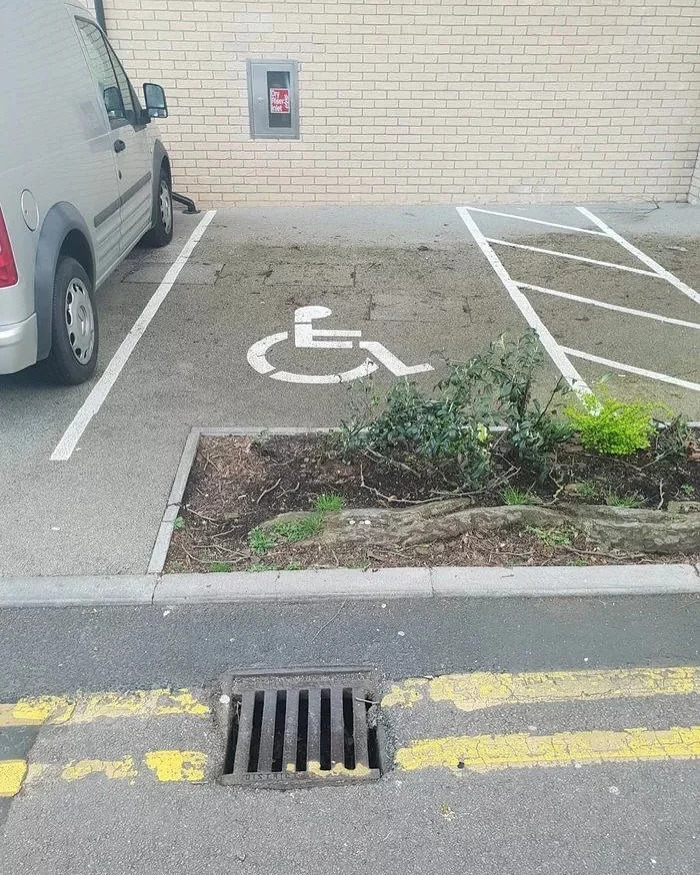 A disabled parking space construction fail with a planter box obstructing access for wheelchairs, highlighting bad design.