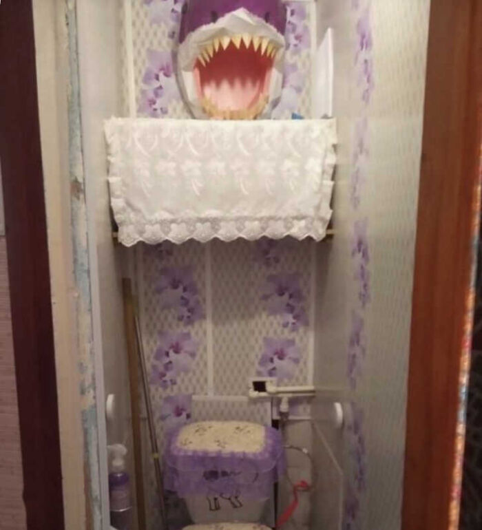 A small bathroom with a toilet and purple decor, and a shark head above, illustrating construction fails.