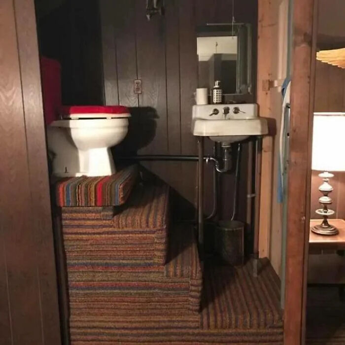 A bathroom shows a construction fail with a toilet on a carpeted pedestal next to a low sink.