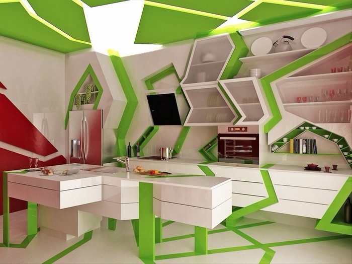 A modern kitchen with a vibrant green and white geometric design, showcasing unusual construction fails.