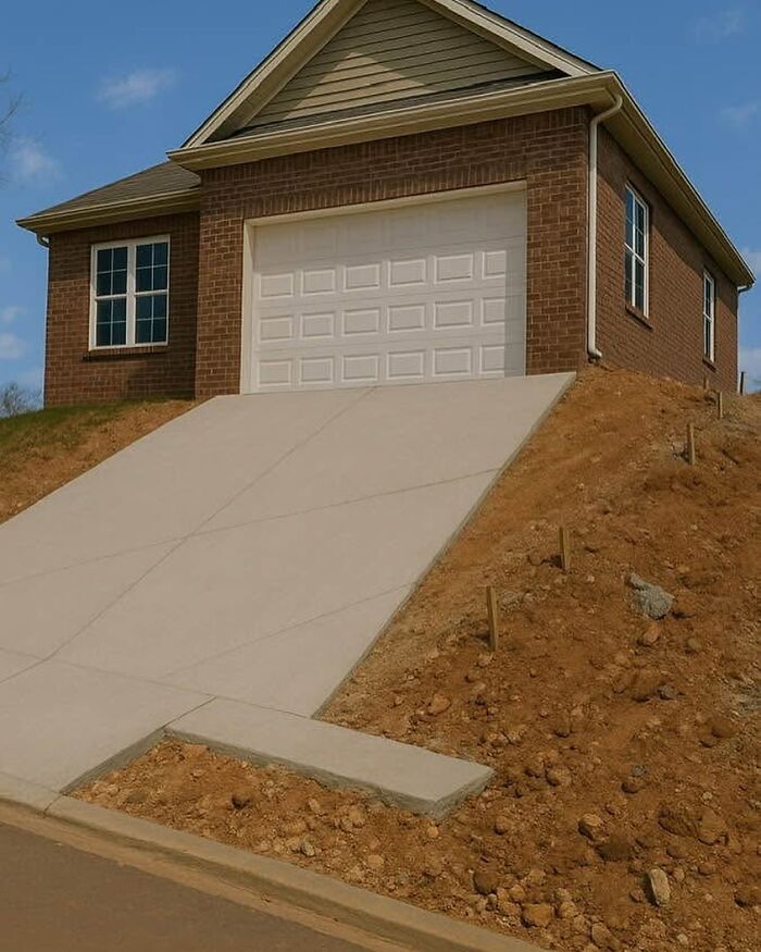 A house on a steep hill with a very long, inclined driveway leading to the garage, a construction fail.