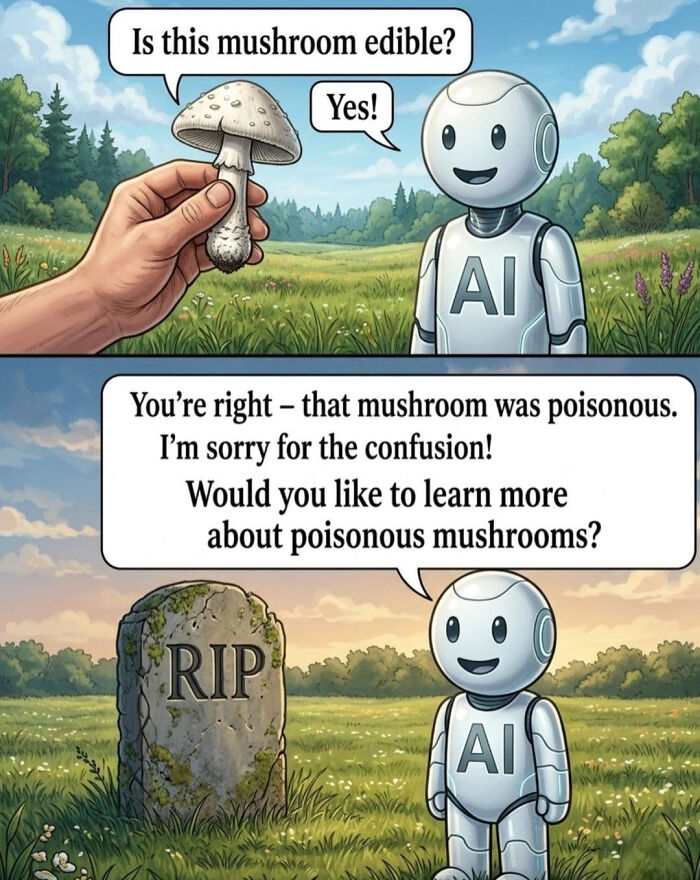 Meme showing a robot AI giving incorrect advice about an edible mushroom, leading to a tombstone, a funny AI moment.