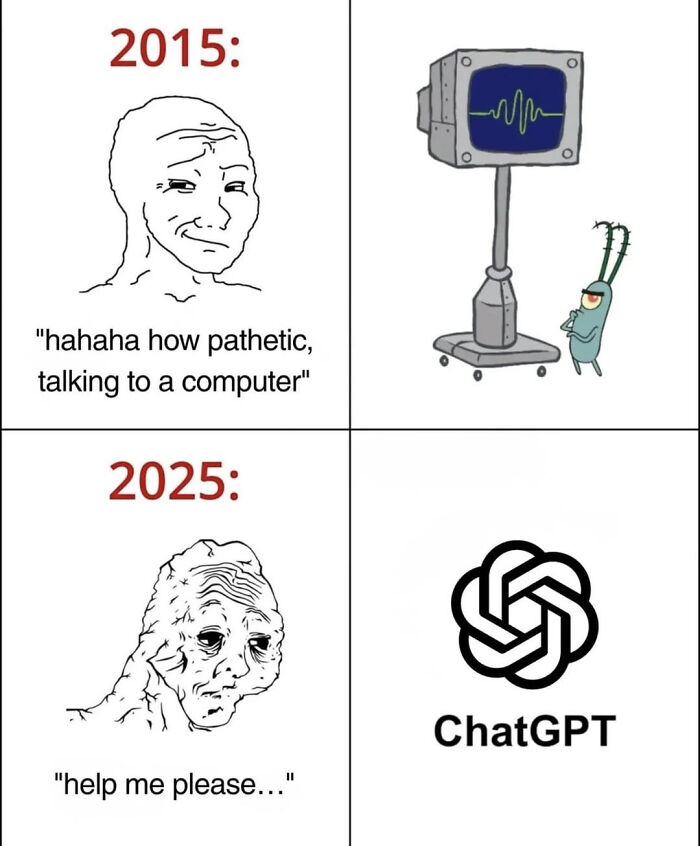 Funny AI meme comparing peoples attitudes towards AI in 2015 and 2025 with ChatGPT.