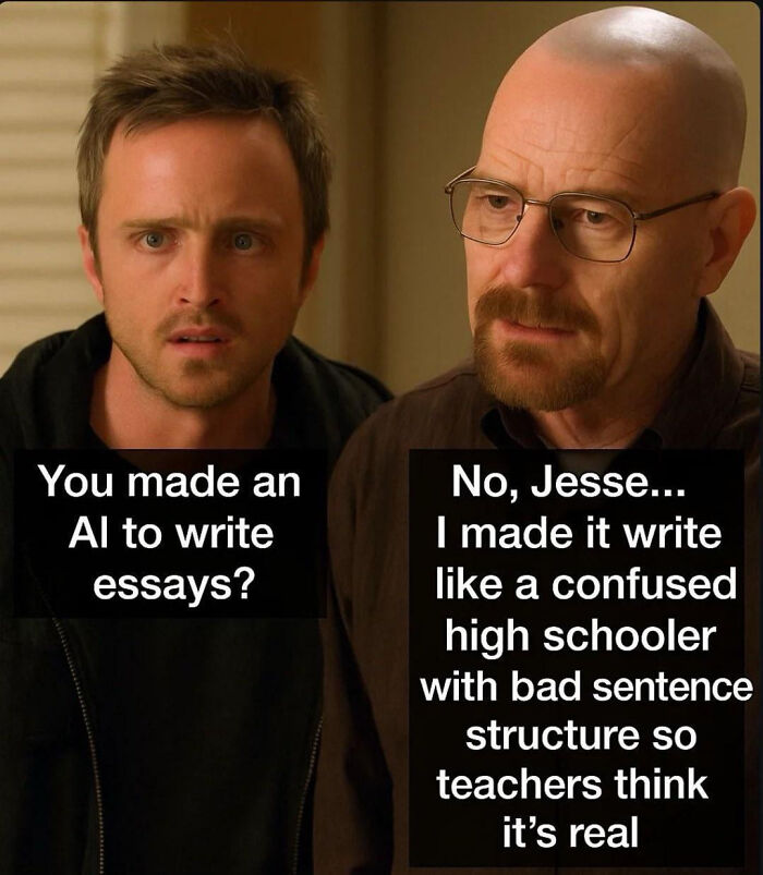 Funny AI meme featuring Breaking Bad characters discussing AI essay writing.