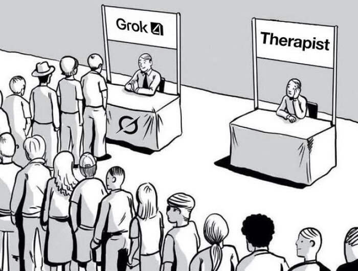 A funny AI meme showing a long line of people waiting for Grok AI, while a therapist sits alone.