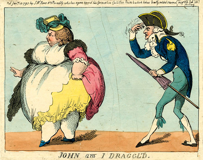 Historical caricature of a woman in a large, stuffed dress, depicting the fashion craze for women to appear bigger. Historical caricature of a woman in a large, stuffed dress, depicting the fashion craze for women to appear bigger.