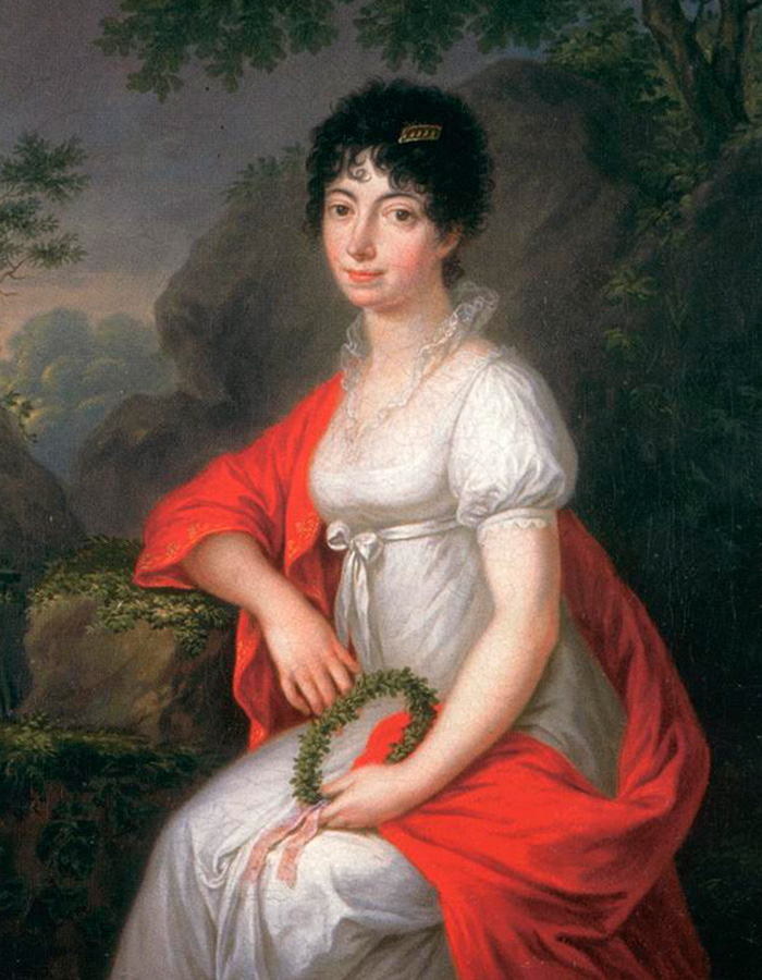 A woman in a white dress with puffed sleeves and a red shawl, holding a wreath, symbolizing historical fashion and larger dresses. A woman in a white dress with puffed sleeves and a red shawl, holding a wreath, symbolizing historical fashion and larger dresses.