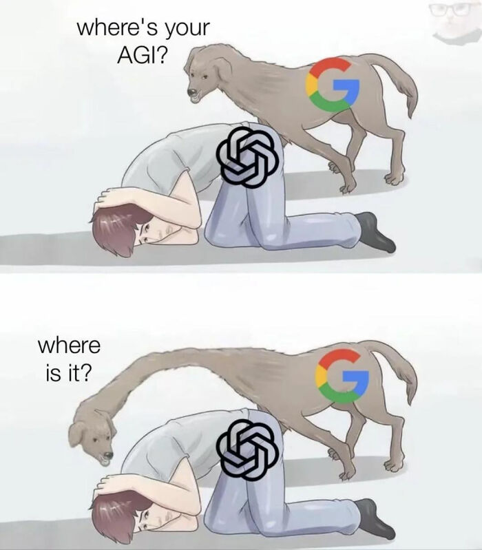Relatable AI meme showing Google as a dog looking for AGI from a ChatGPT symbol.