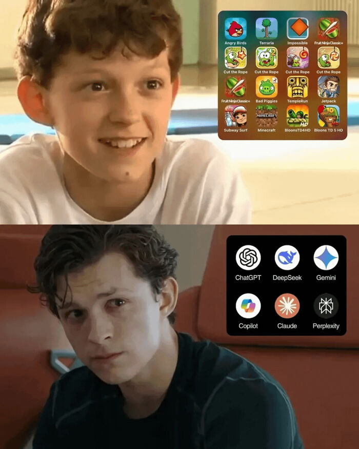 Relatable AI memes show Tom Holland looking happy at old mobile games, then sad at new AI apps, highlighting funny AI memes.