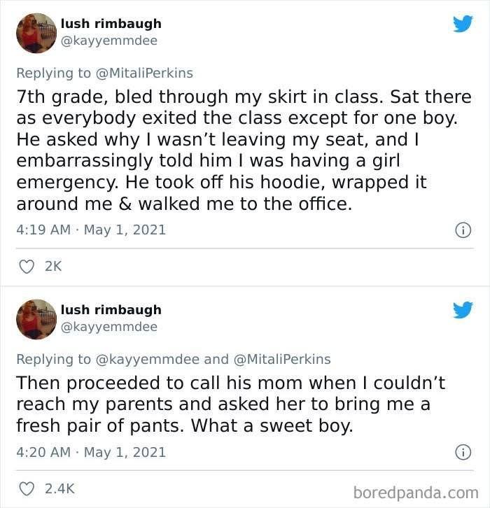 A tweet describing a boy helping a girl with a period emergency, highlighting wholesome people having each other's back.