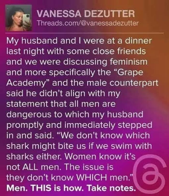 Screenshot of Vanessa Dezutter's online post describing her husband having her back during a discussion about feminism.