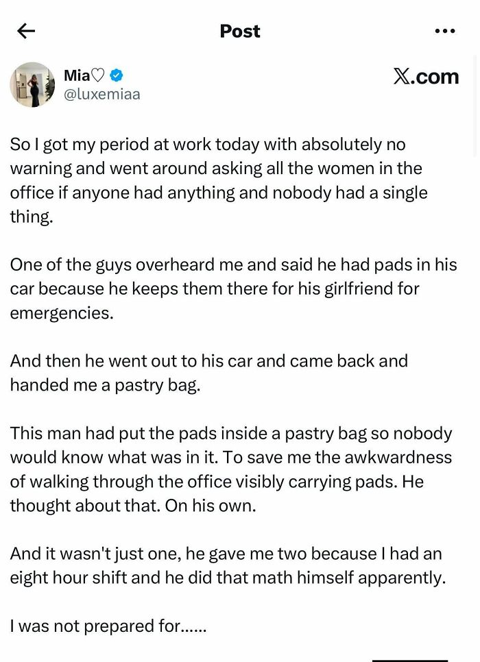 Screenshot of Mia's online post about a man having her back, discreetly providing pads in a pastry bag at work.