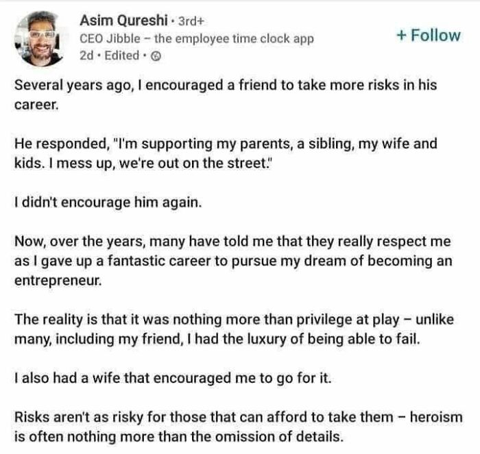 Screenshot of Asim Qureshi sharing an online post about privilege and supporting someone else's career choices.