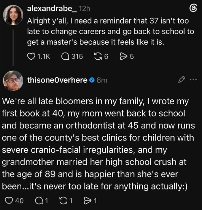 Screenshot of two wholesome people supporting each other online, sharing stories about changing careers and achieving dreams.