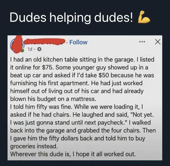 Screenshot of a post where a man helps another by selling a table and giving money back for groceries, showing wholesome people.