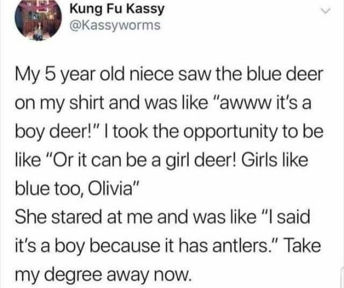 A screenshot of a tweet about a niece correcting the gender of a deer based on antlers, showing wholesome people.