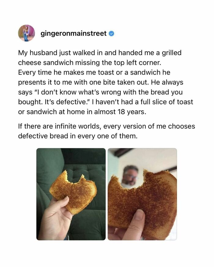 A screenshot of a tweet about a husband who always takes a bite out of grilled cheese sandwiches, showing wholesome people.
