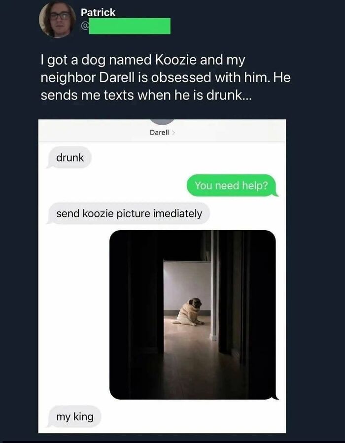 A screenshot of a text conversation where a neighbor asks for pictures of a pug dog, showing wholesome people having someone's back.