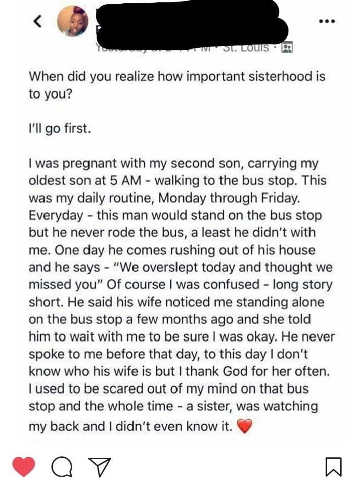A touching story of a man's wife watching out for someone else at a bus stop, showing someone else having her back.