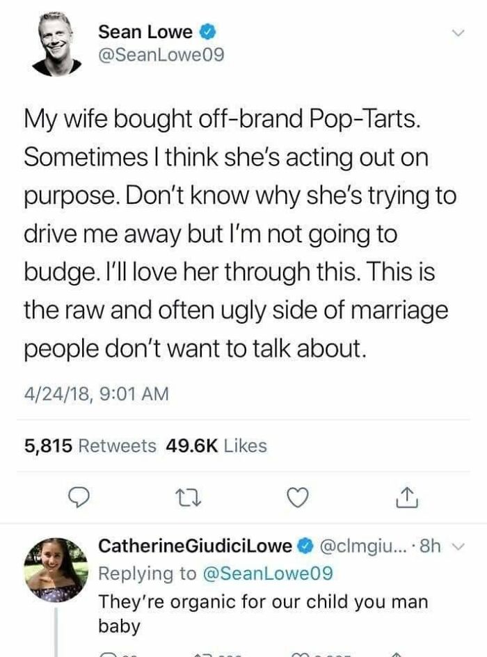 A humorous tweet about a wife buying off-brand Pop-Tarts, highlighting someone else having your back in a playful way.