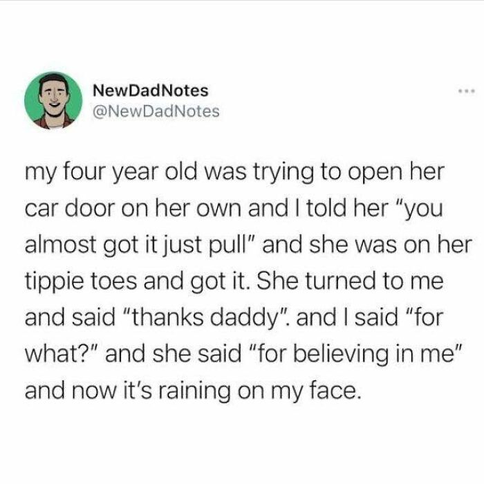 A heartwarming tweet about a four-year-old opening a car door, emphasizing someone else had her back online.