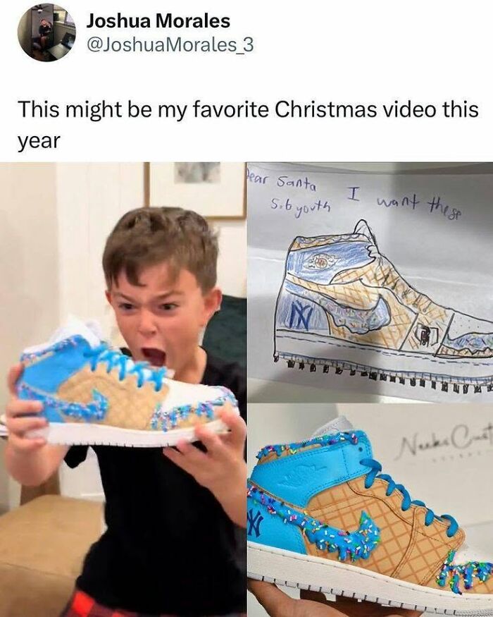 A boy excitedly holds a custom shoe that matches a drawing, showing someone else had his back in the best way.