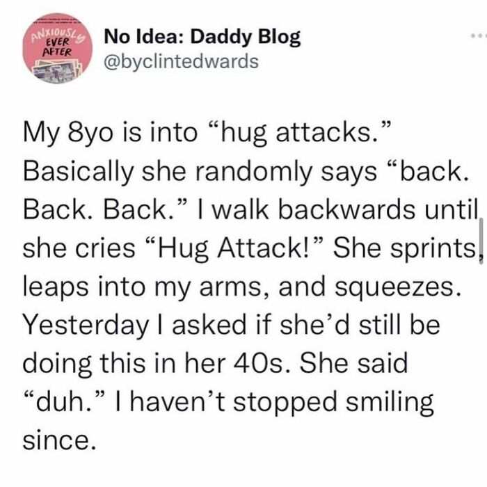 Screenshot of a tweet about wholesome people with their child doing hug attacks, having someone else's back.