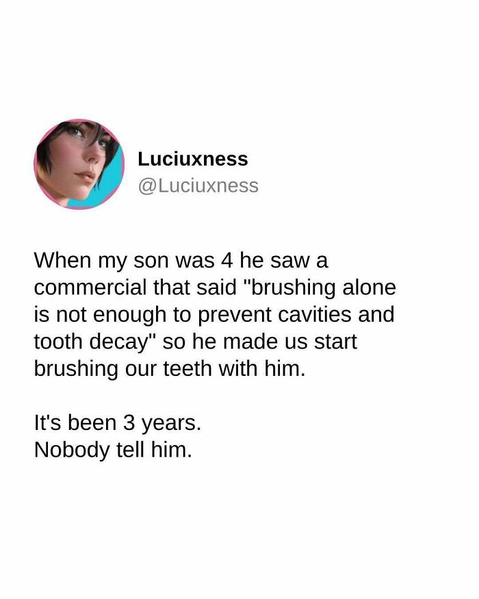Wholesome people online: a tweet from Luciuxness about her son insisting on brushing teeth together.