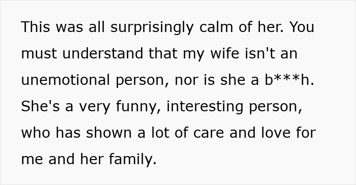 Text detailing the wife's calm demeanor despite not wanting to have children, showing her usual caring personality.
