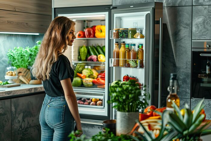 A woman looking into an open, fully stocked refrigerator, highlighting stories about guests ignoring house etiquette.