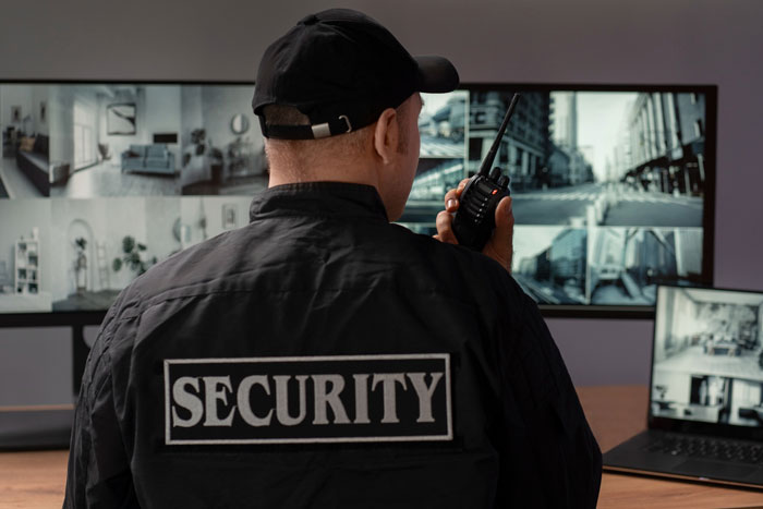 A security guard watching multiple surveillance monitors, highlighting the expensive phone incident with a racist Karen. A security guard watching multiple surveillance monitors, highlighting the expensive phone incident with a racist Karen.