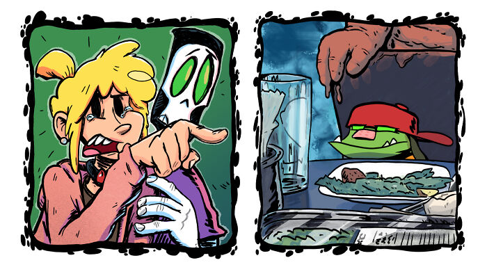 A necromancer and assistant comic, depicting the woman yelling at the assistant who is a frog eating salad.