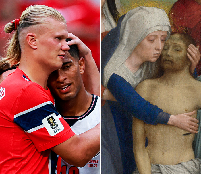 World Cup 2026 soccer player embraces teammate, mirroring a classic work of art.