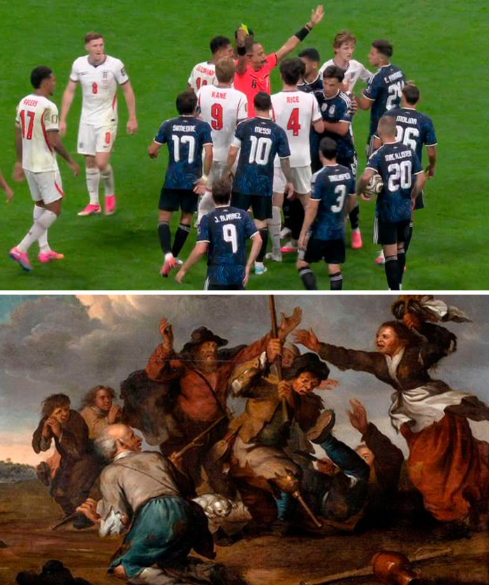 World Cup 2026: Football players in a heated moment, accidentally recreating a dramatic scene from a classic art painting.