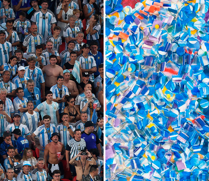 World Cup 2026: Argentine fans in a sea of blue and white, mirrored by abstract art with similar colors and shapes.